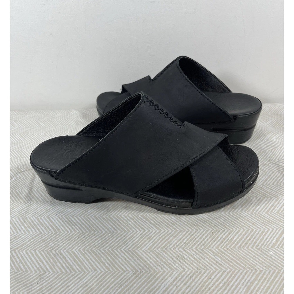 Vtg Dansko Women 41/10.5 Sandals Y2K Nappa Leather Criss Cross Stitch Black Chic